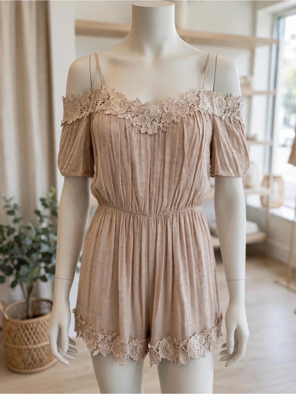 Chelsea & Violet Blush Lace-Trim Off-Shoulder Romper